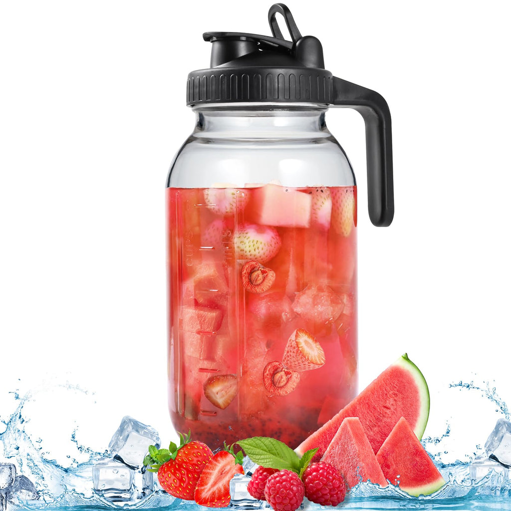 SCIDEA 64OZ Glass Pitchers with Lid, Wide Mouth Water Jugs, Leak-Proof Airtight Mason Jars for Cold Brew Coffee, Iced tea, Milk, Food Storage, Sun Tea, Black