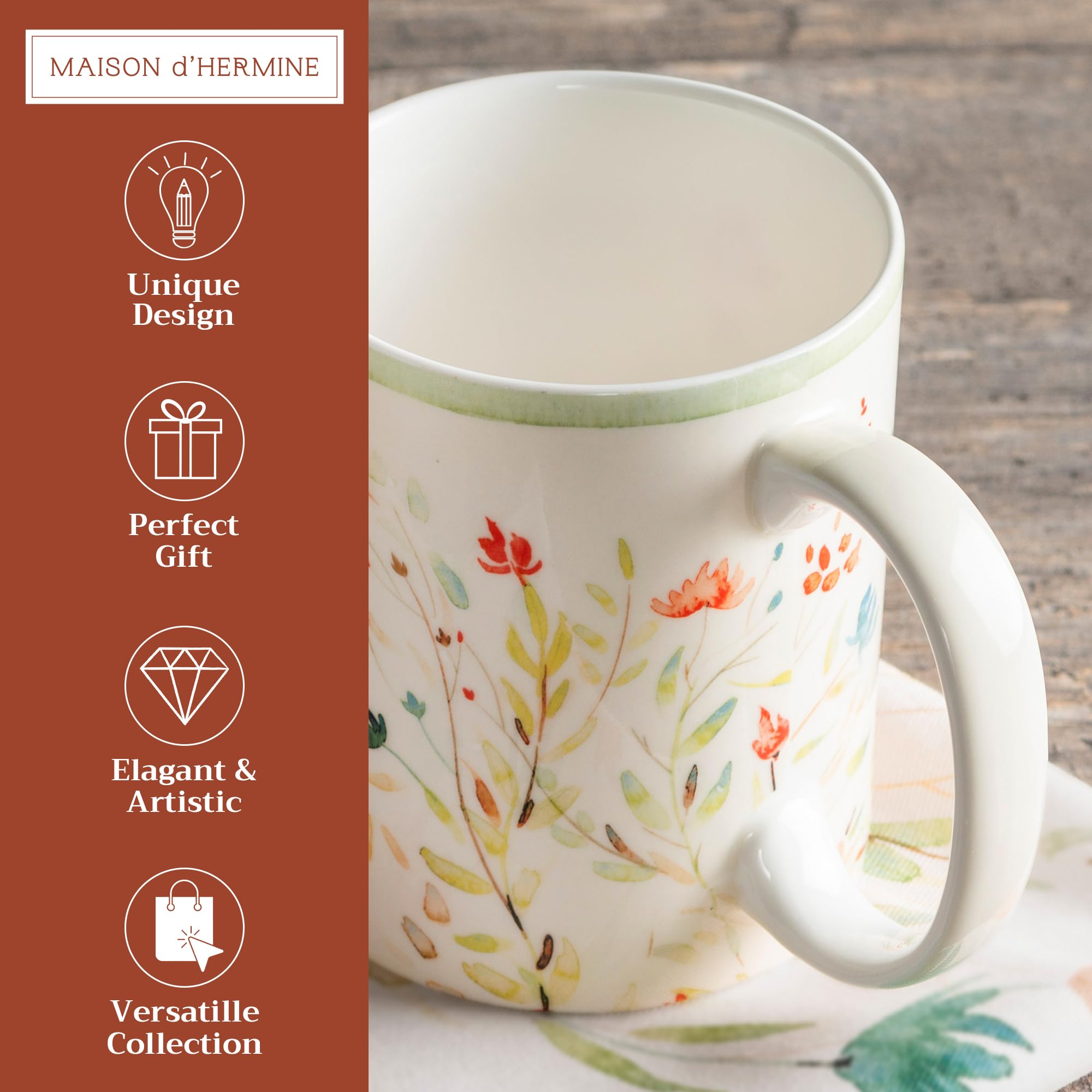Maison d' Hermine Coffee Mug with Handles Tea Cups (12 Ounce, Pack of 1)