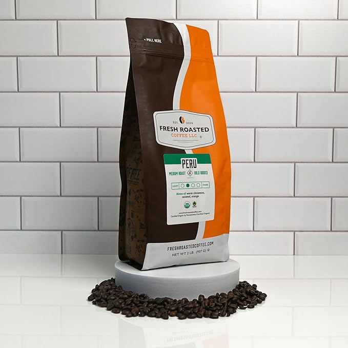 Fresh Roasted Coffee, Organic Peru | Mold & Myco 3rd Party Tested, USDA Organic, Kosher | Med Roast 2 lb (32 oz) Ground