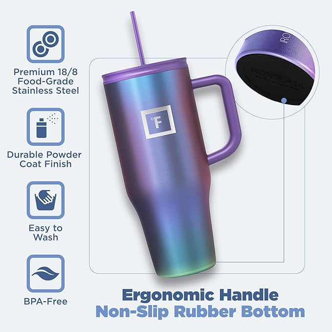 IRON °FLASK Co-Pilot Insulated Mug w/Straw & Flip Cap Lids - Cup Holder Bottle for Hot, Cold Drink - Leak-Proof - Water, Coffee Portable Travel Mug - Twilight Blue, 32 Oz