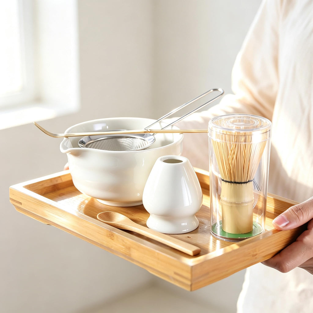 6 Pcs Matcha Set - Matcha Whisk Set & Matcha Bowl Set with Bamboo Scoop, Stainless Steel Sifter, 19 oz Ceramic Pouring Bowl, Matcha Spoon, Whisk Holder - Japanese Tea Ceremony Kit for Gifts (White)