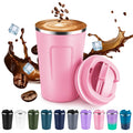 Volhoply 12 oz Double Wall Insulated Vacuum Travel Coffee Mug with Flip Lid,Reusable Stainless Steel Leak Proof Coffee Cup,Portable Iced Cafe Thermal Tumbler Suitable for Hot & Cold Drinks(Pink,1 Set)
