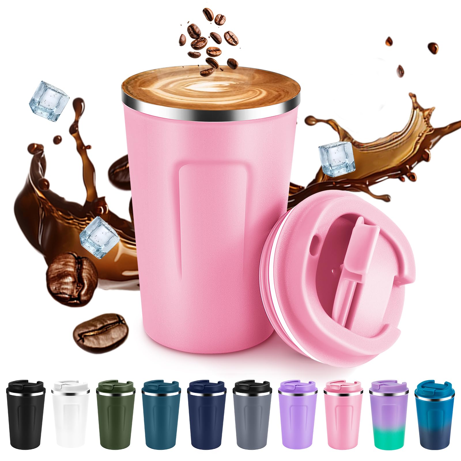 Volhoply 12 oz Double Wall Insulated Vacuum Travel Coffee Mug with Flip Lid,Reusable Stainless Steel Leak Proof Coffee Cup,Portable Iced Cafe Thermal Tumbler Suitable for Hot & Cold Drinks(Pink,1 Set)