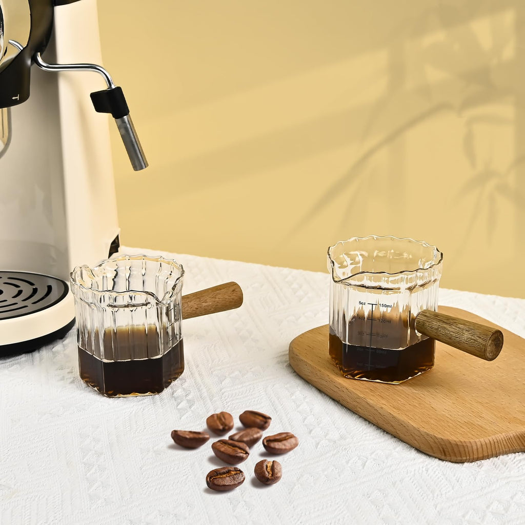 Denovin Glass Measuring Cup, 5oz Espresso Shot Glass with Wood Handle