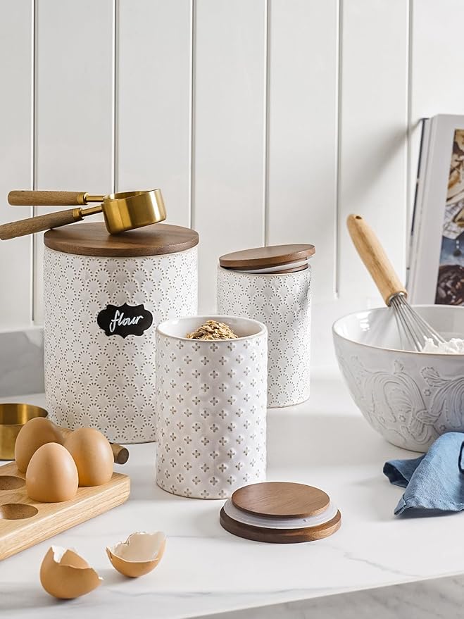 LE TAUCI Food Storage Containers with Airtight Lids, 78/25 oz Ceramic Sugar Canisters Sets, Embossed Large Jars for Pasta, Oats, Coffee Bean, Cookies, Rice, Grains, Tea - Set of 2, Clover
