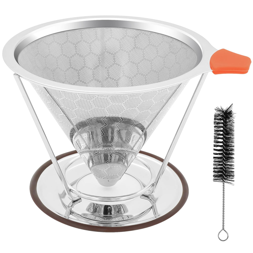 X-VESOLJE Pour Over Coffee Dripper, Paperless Pour Over Coffee Filter, Reusable Pour Over Coffee Maker Set, Dual-Layer Stainless Steel Cone Filter, Detachable Dripper Stand, Single Cup Brewer 1-4 Cup
