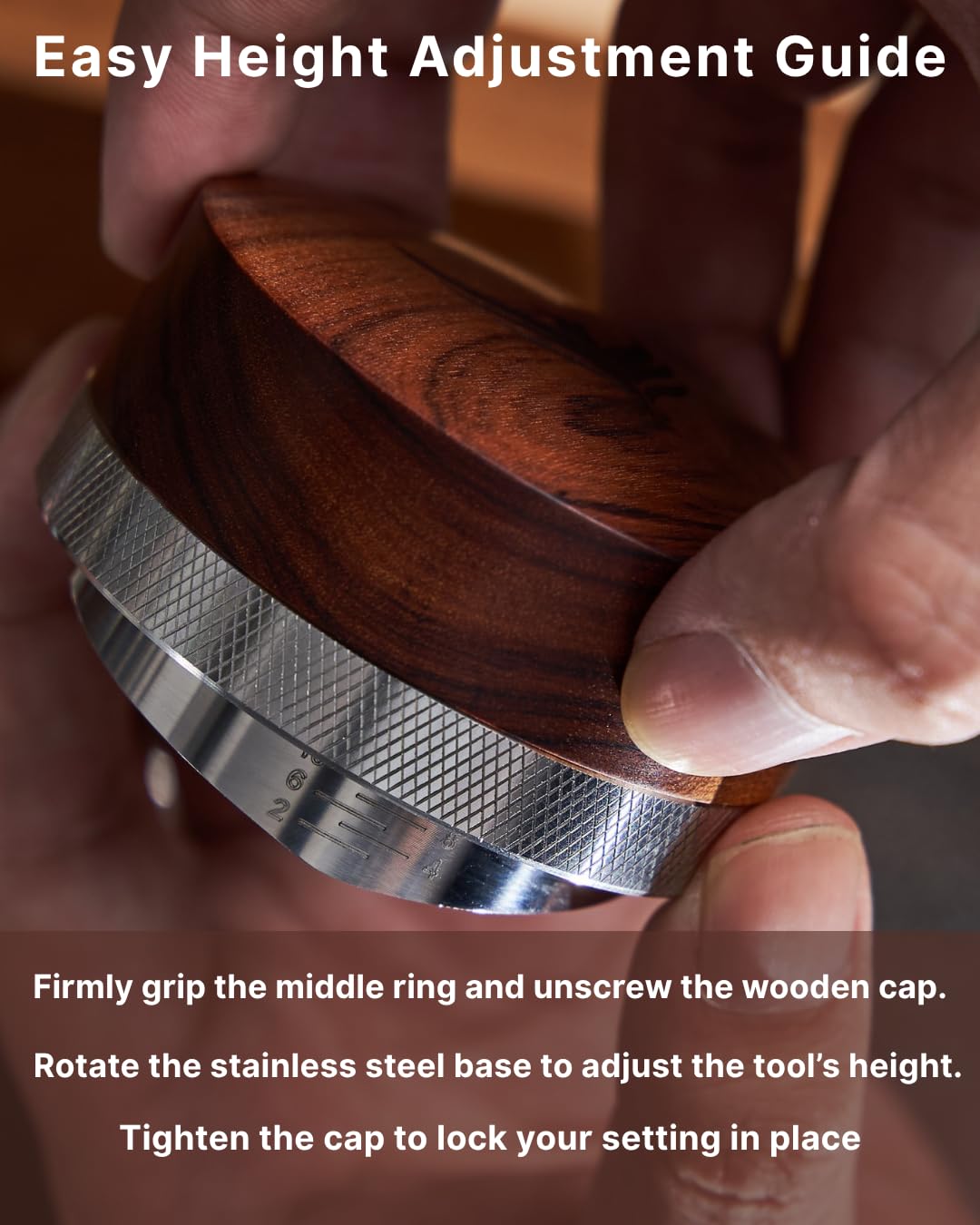 51mm Espresso Distributor Tool KNODOS Rosewood Coffee Distributor Stainless Steel 51 mm Distribution Tool Leveler with Adjustable Depth Premium Espresso Machine Accessories