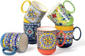 HENXFEN LEAD Coffee Mugs Set 14 Ounce - Multicolor Porcelain Cups for Latte, Hot Tea, Cappuccino, Cocoa, Soup, Dishwasher, Microwave Safe, Christmas Gift Set of 6 - Bohemian Style