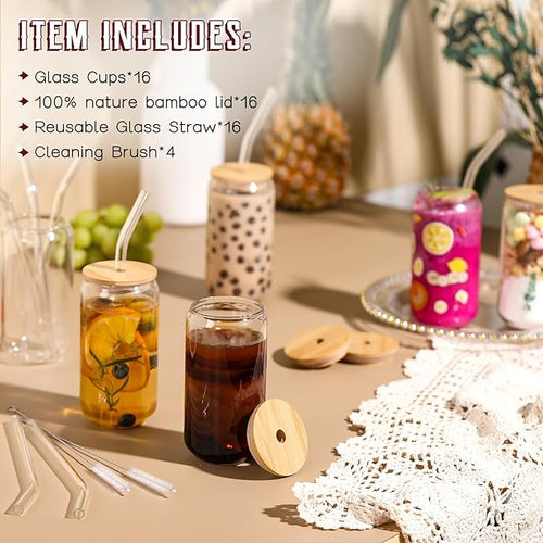 16 Pack Glass Cups with Lids and Straws 16 oz, Personalized Customizable Glasses for Gift, Business, Drinking glasses set, Iced Coffee Cup, Cute Aesthetics Tumbler for Tea, Homemade Drinks