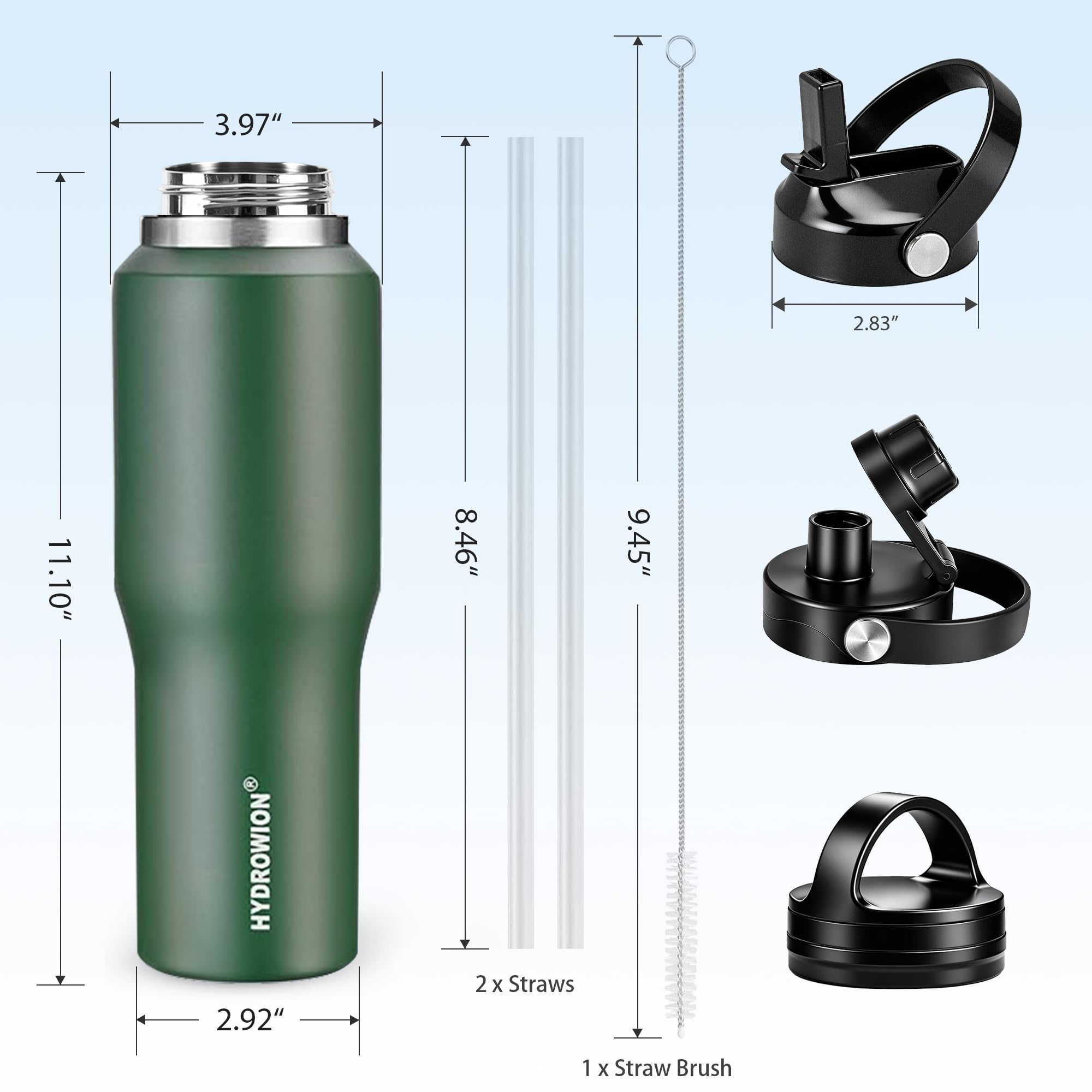 40 oz Insulated Water Bottle with Straw fit in Car Cup Holder(Cold 48 hrs, Hot 24 hrs) Drinking Bottle with Straw Lid, Spout Lid and Flex Cap Leakproof Travel Thermo Mug，Olive