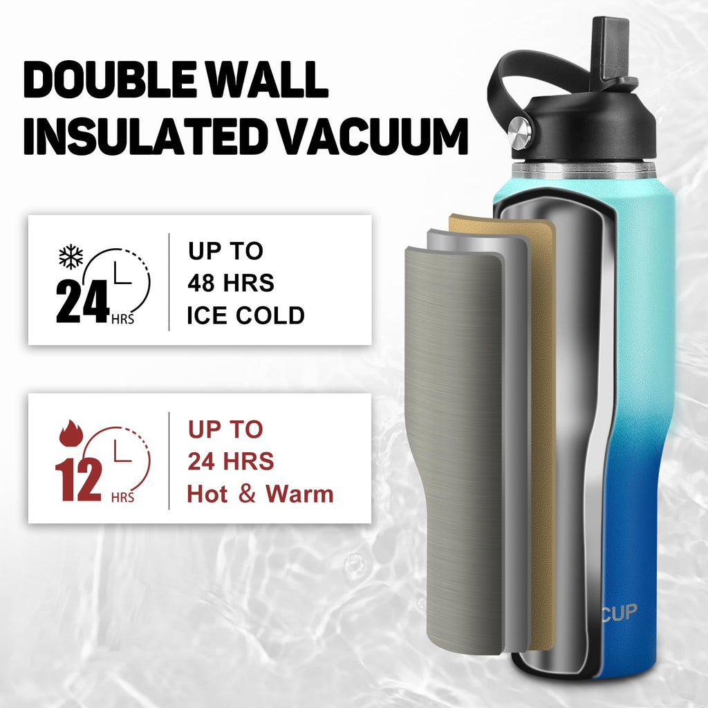 ABOTOCUP Insulated Water Bottle 32oz with Straw/Spout Lids, Stainless Steel Water Bottles Keep Cold 24h&Hot 12h, Metal Water Bottle with Straw that Fits in Cup Holder, Water Bottle Leak-proof,BPA Free