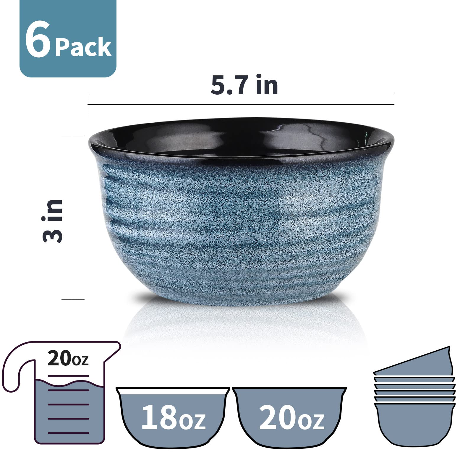 HASENSE Ceramic Cereal Bowls Set of 6, 20 Oz Navy Blue Stoneware Bowls, Farmhouse Bowls for Cereal, Soup, Rice, Pasta & Salad, Dishwasher & Microwave Safe
