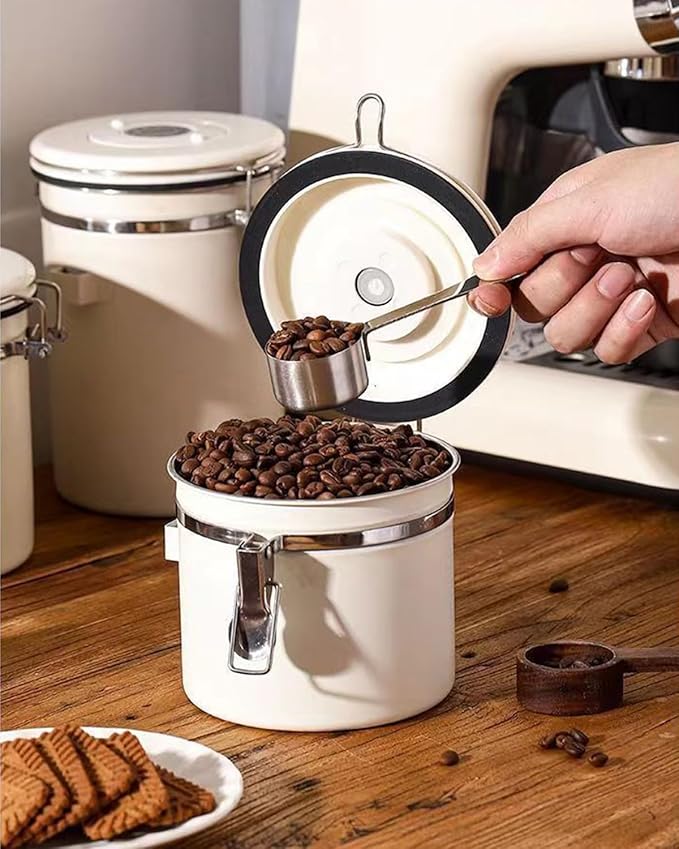 Coffee Canister, Stainless Steel Coffee Bean Storage Container with Date Tracker and Scoop, Kitchen Food Container for Grounds Coffee, Beans, Tea, Flour, Cereal, Sugar, 22OZ (1800ML | Beige)