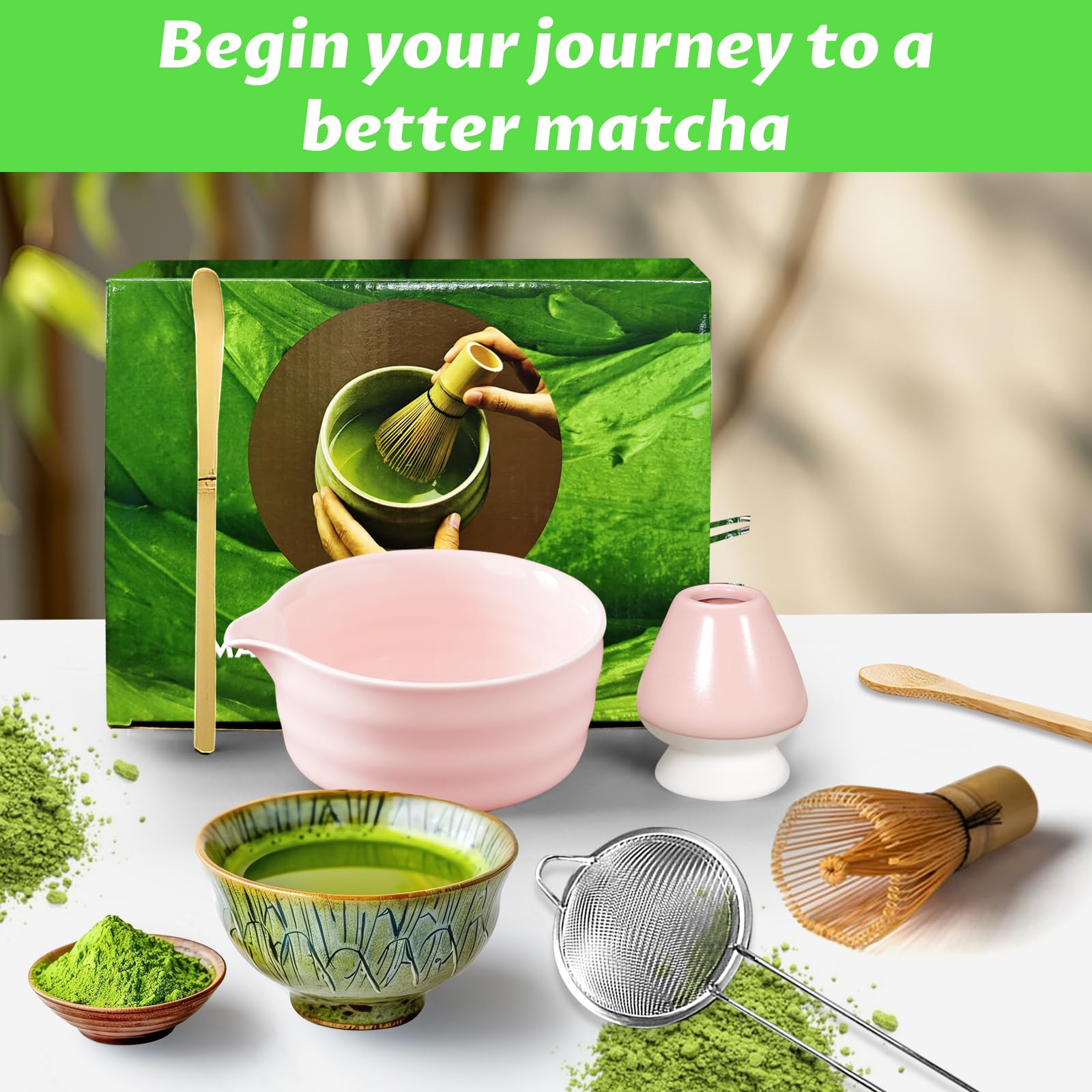 Matcha Set, 6 Pcs Matcha Whisk Set with 20 oz Bowl, Bamboo Whisk for Matcha Tea, Matcha Bowl, Ceramic Matcha whisk Holder, Stainless Sifter and Scoop - Gift for matcha kit Lovers（Pink）