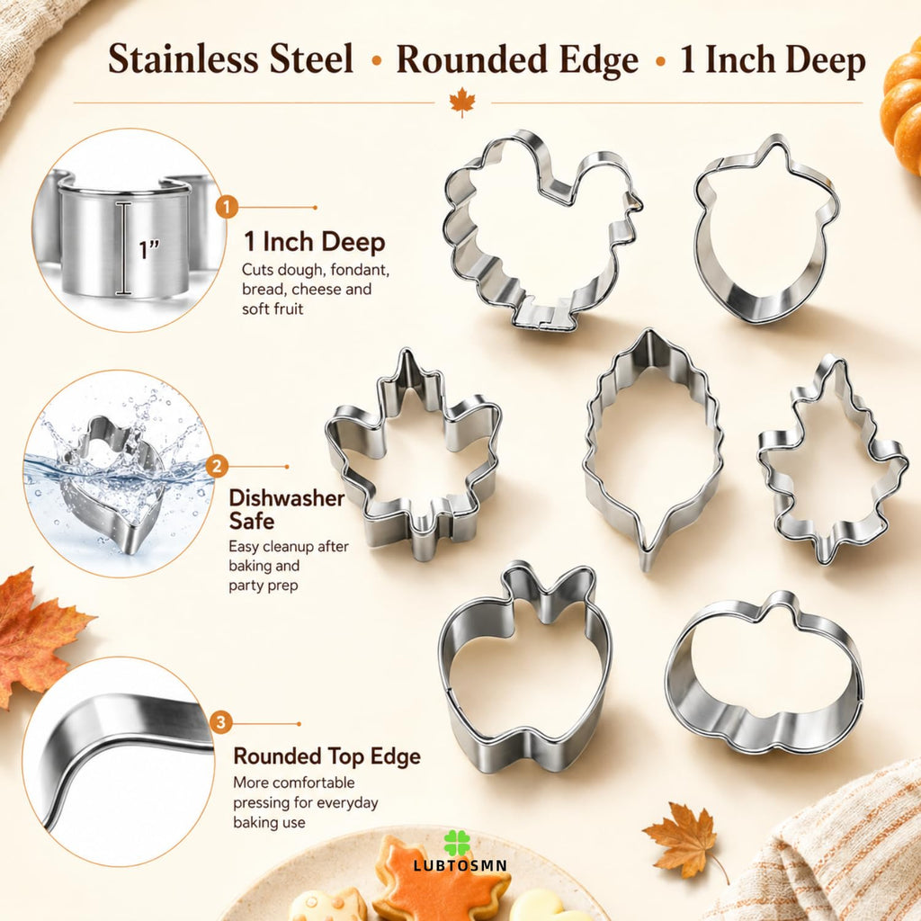Auktosmn 7 Pcs Mini Fall Cookie Cutter Set, 2.0 Inch, Dishwasher Safe