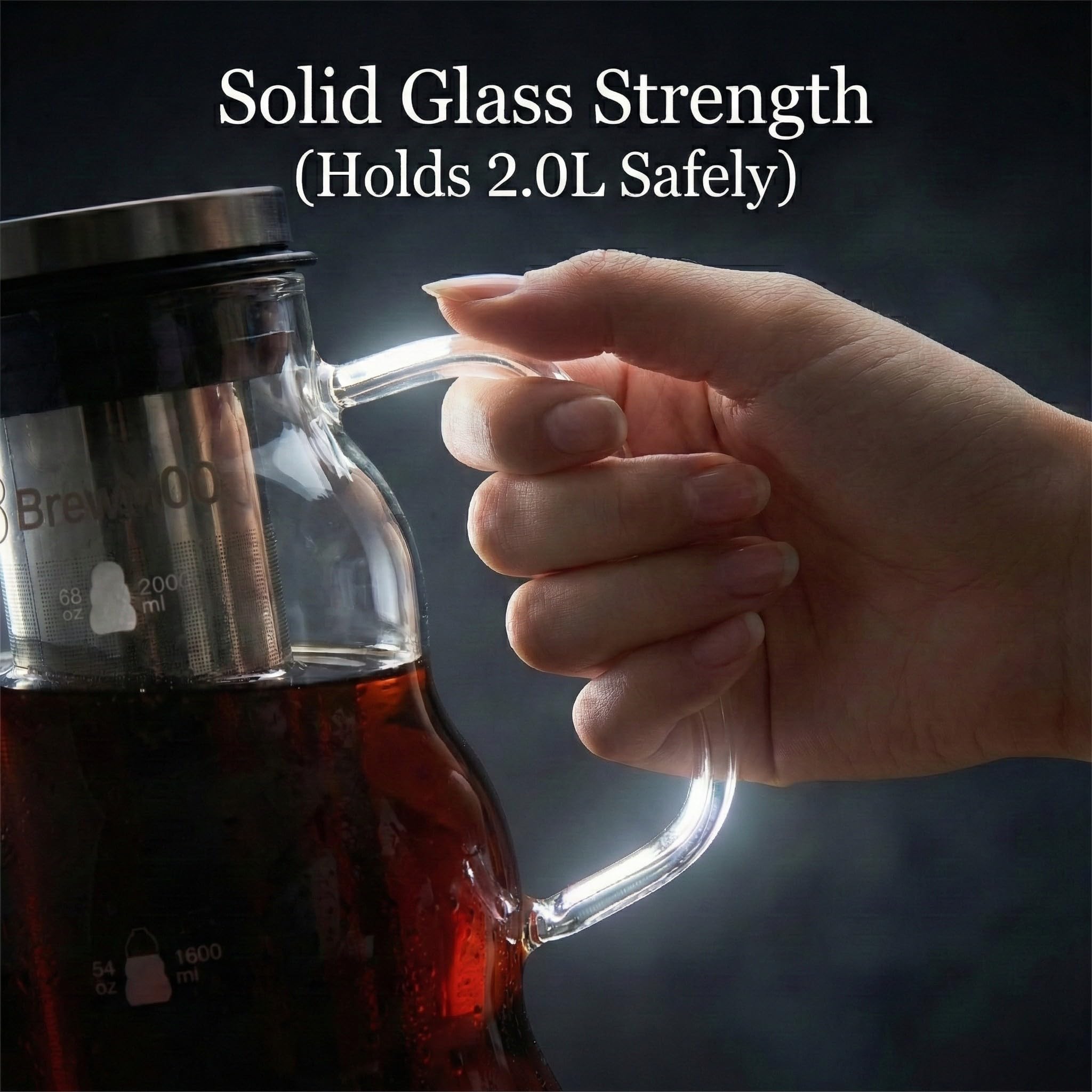 BrewMOO- Cold Brew Coffee Maker (2.0L/68Oz), Sleek Wave Borosilicate Glass Pitcher with Stainless Steel Filter, Airtight Lid + Wide Spout + Comfort Handle, Effortless Manual, Sophisticated Gift