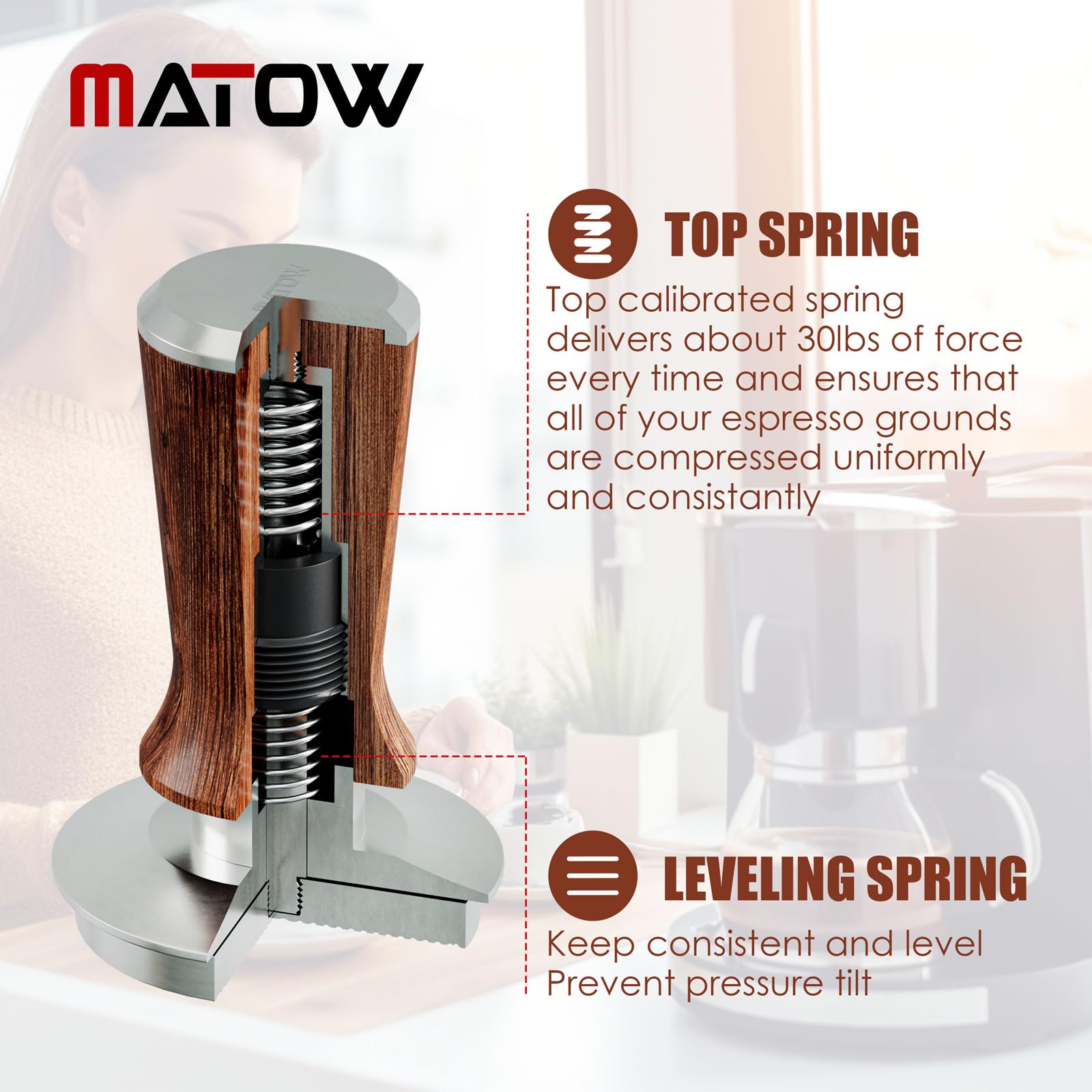 MATOW Spring Loaded Espresso Hand Tamper Fits Breville 54mm Portafilter
