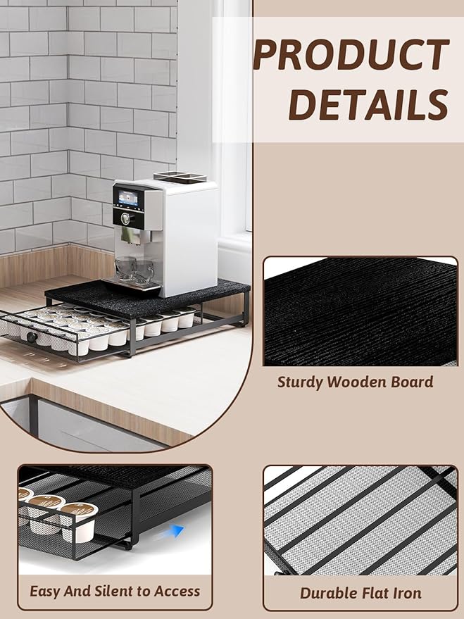 K Cup Organizer, Coffee Pod Holder Drawer, Under Brewer Storage Organizer with Sliding Drawer holds up to 35 K-Cup Pods, No Assembly Needed, Black