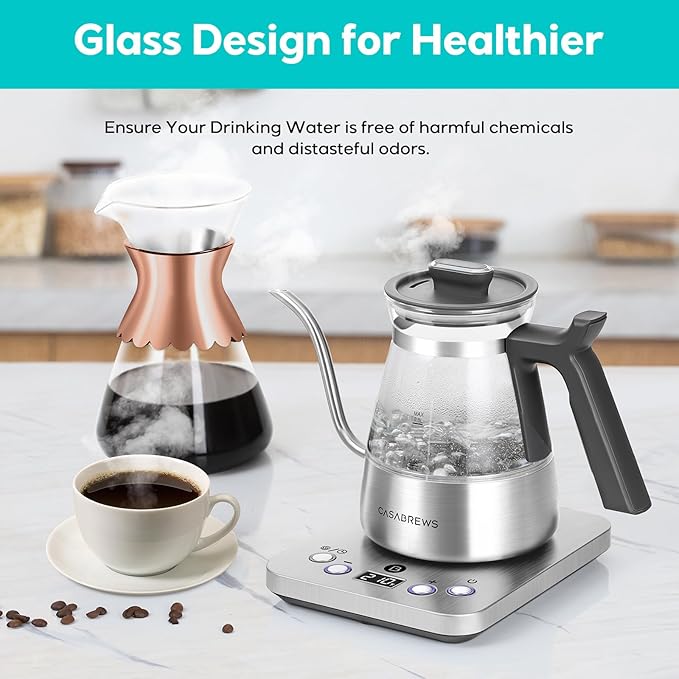 CASABREWS KEG5831 Gooseneck Electric Kettle, Stainless Steel Glass with Temperature Control & Reservation Time Function, Pour Over Kettle for Coffee & Tea, Fast Boiling, Auto Shut-Off, 1200W/0.8L