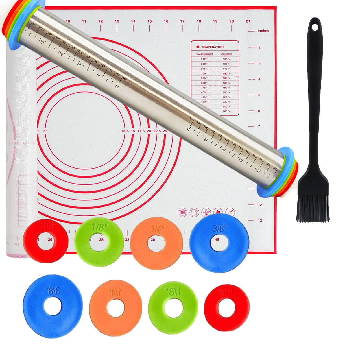 Amremsu Adjustable Rolling Pin 19 Baking Tool Set and Silicone Baking Pastry Mat Set,Thickness Rings,Stainless Steel Dough Roller Rolling Pins for Baking Dough, Pizza, Pie, Pastrie(Red Mat)
