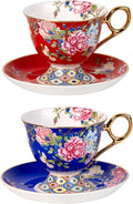 KAMMAK Tea Cups and Saucers Set of 2, Porcelain Coffee Cup with Saucer for Espresso, Cappuccino, 9.8oz Vintage Yellow Floral Ceramic Demitasse Mug for Home, Tea Party, Office