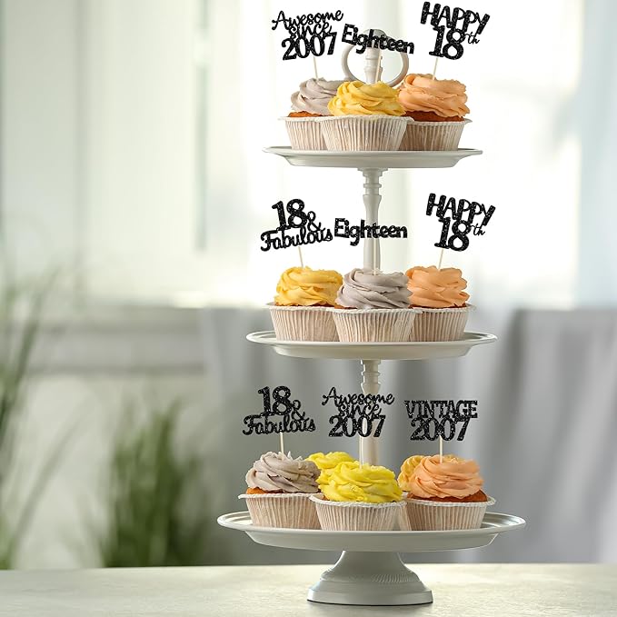 Gyufise 30Pcs Vintage 2007 Cupcake Toppers Glitter Eighteen Happy 18th Cupcake Picks Happy 18th Birthday Cake Decorations for Happy 18th Birthday Fabulous Anniversary Party Supplies Black