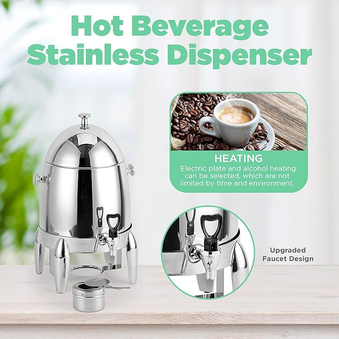 [3 Gallon capacity] Stainless Steel Hot Beverage Dispenser durable and long-lasting Chafer Urn with Chrome Accents - 48 cup