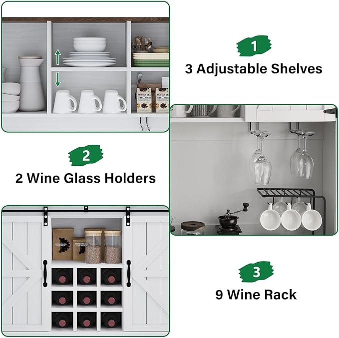 4 EVER WINNER 72" Coffee Bar Cabinet with Sliding Barn Door & Wine Racks, Hutch Cabinet with Storage and 3 Drawers, Farmhouse Coffee Bar with Wine Glass Holder for Dining Room Kitchen, White