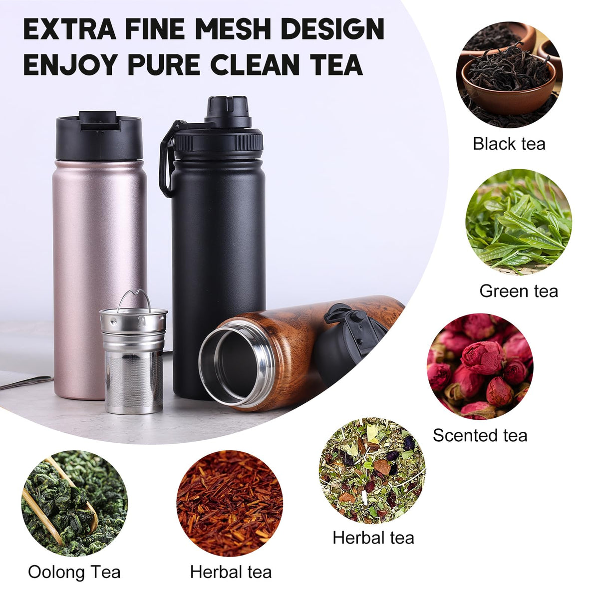 Sivaphe Tea Infuser Bottle With Removable Loose Leaf Tea Strainer Cup 18/8 Stainless Steel Portable Insulated Travel Tea Tumbler Black