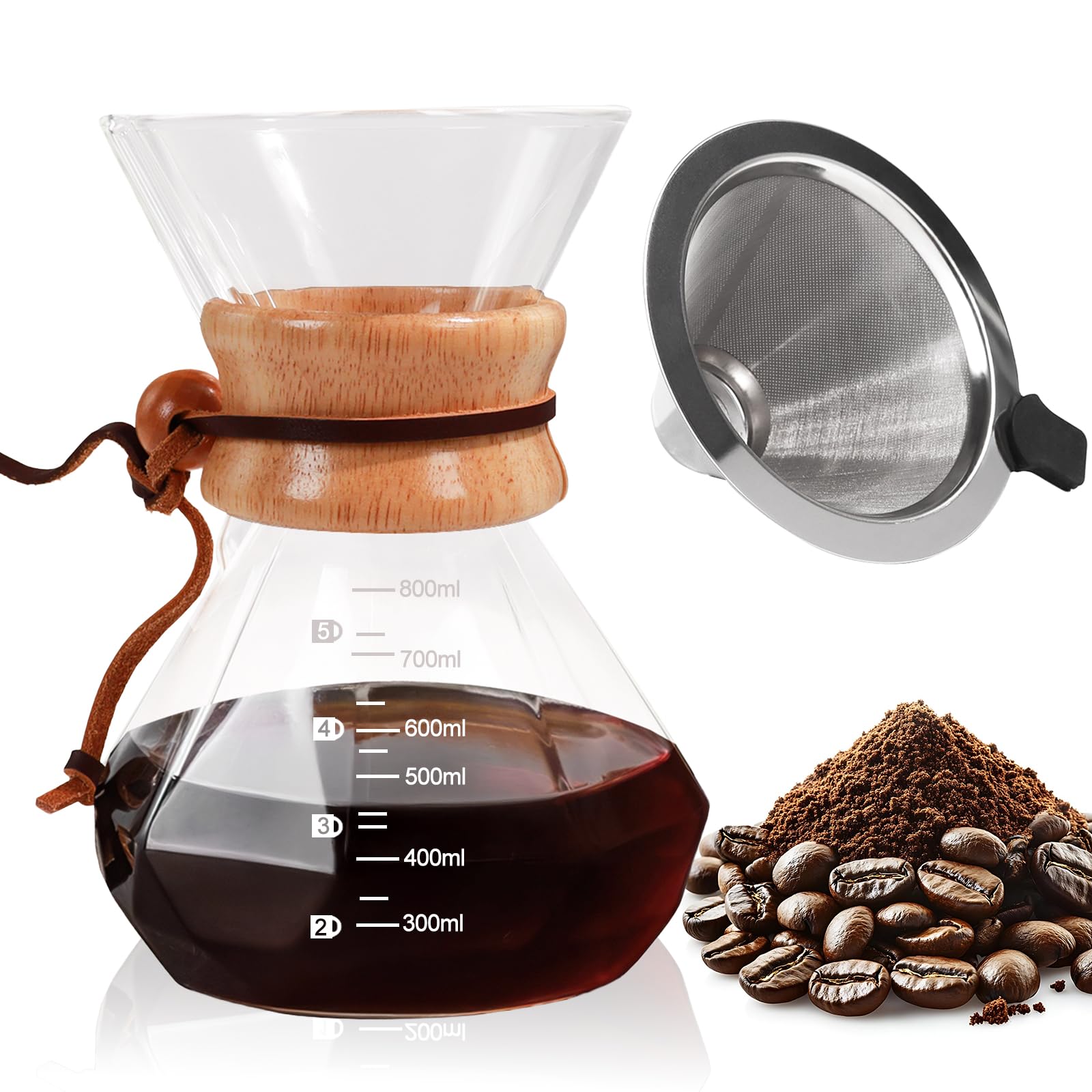 Mogrecha Pour Over Coffee Maker 800ml with 304 Stainless Steel Filter Wooden Collar Holder Borosilicate Glass Drip Coffeemaker Server Set Clear Hand Brew Dripper Carafe for Home Camping Travel 27oz