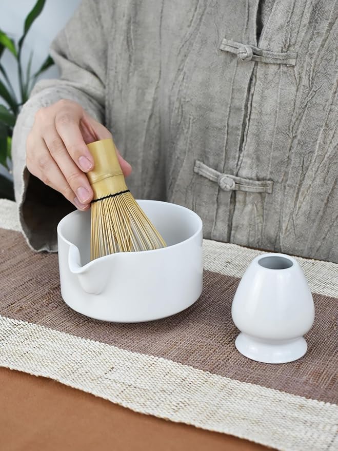 Artcome Premium Matcha Tool Set – Includes Matcha Bowl with Pouring Spout, Whisk, Whisk Holder, Tea Scoop & Matcha Manual - White