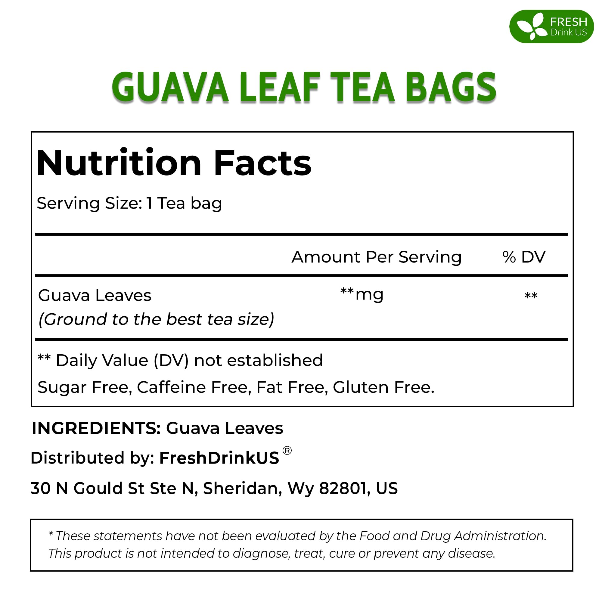 FreshDrinkUS, Premium 135 Guava Leaf Tea Bags, Handmade, 100% Natural and Pure. Guava Tea, Loose Leaf Herbal Tea. No Sugar/Caffeine/Gluten, Vegan.