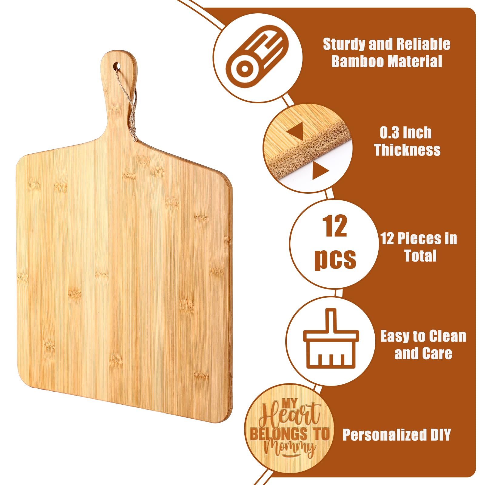 Patelai 12 Packs 17 x 13 Inch Wooden Bamboo Cutting Board Set with Handles Large Kitchen Serving Plain Chopping Board Bulk Gifts for Mom for Vegetables Meat Pizza Cheese Fruit Bread