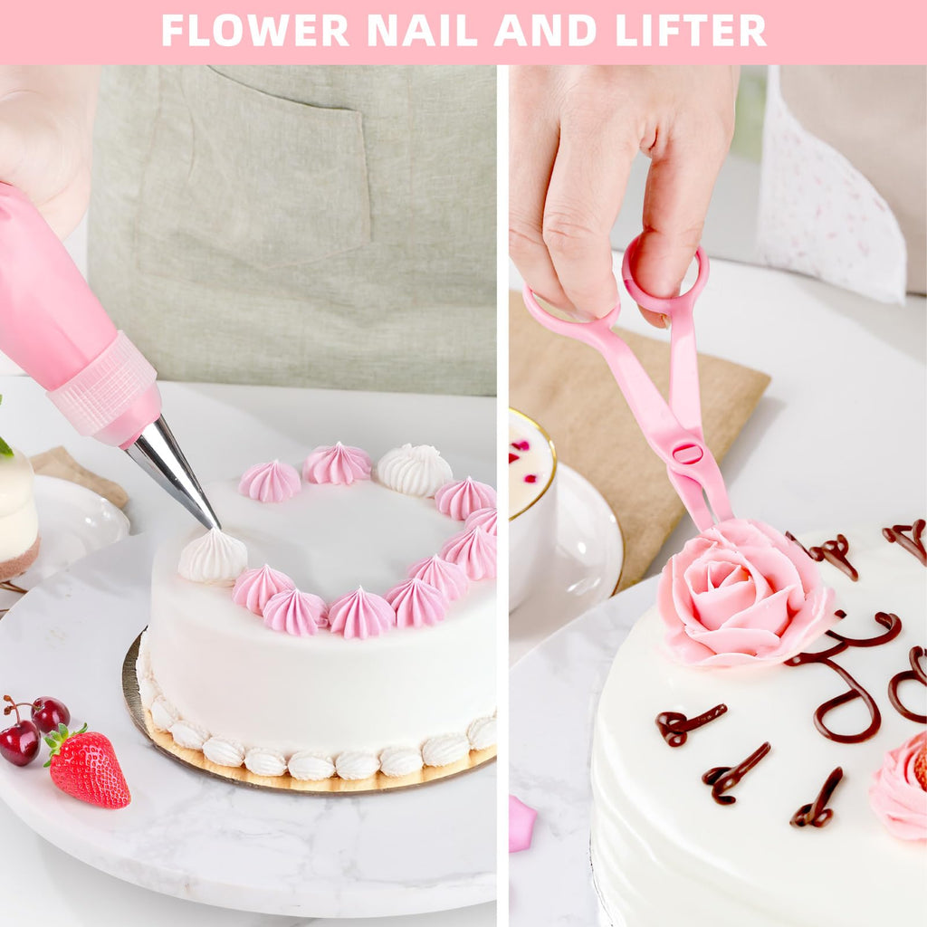 Cake Decorating Kit: Decorating Supplies Tools Kit 138 PCS Baking Accessories Include Spiping Bags and Tips Set, Piping Tips Set, Spatulas, Cake Scraper, 50 Piping Bags for Beginners, Pink