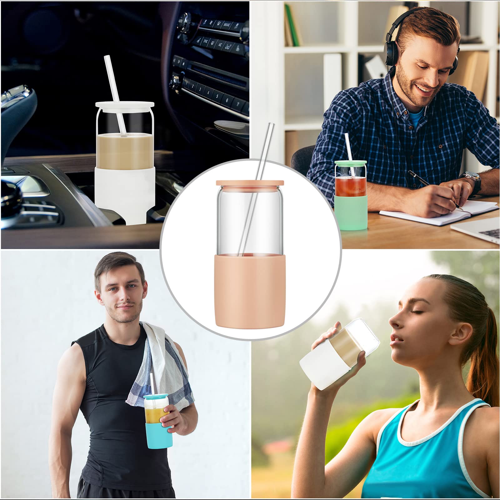 Sunseeke Glass Tumbler with Straw and Lid, 16oz Ice Coffee Cup, Silicone Sleeve Cleaning Brushes, Drinking Glasses for Water, Iced Coffee, Smoothie - BPA Free (Sandy Beige)