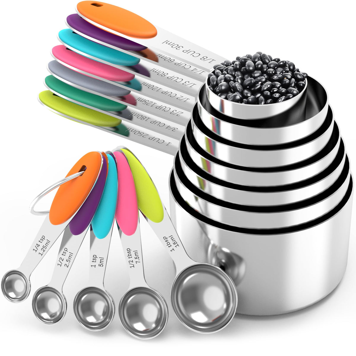 TILUCK Nesting Measuring Cups and Spoons Set, Stainless Steel with Soft Silicone Handle – Heavy Duty & Dishwasher Safe for Measuring Dry/Liquid Ingredients, Ideal for Cooking & Baking (12)