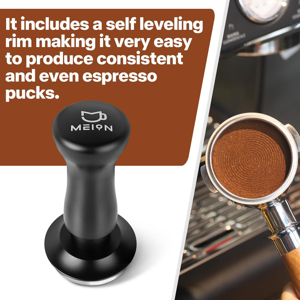 MEION Espresso Tamper 49mm Coffee Tamper, Calibrated Dual Spring Loaded Barista Tamper with Stainless Steel Base, Comes with aluminum storage pad (49MM, Black)