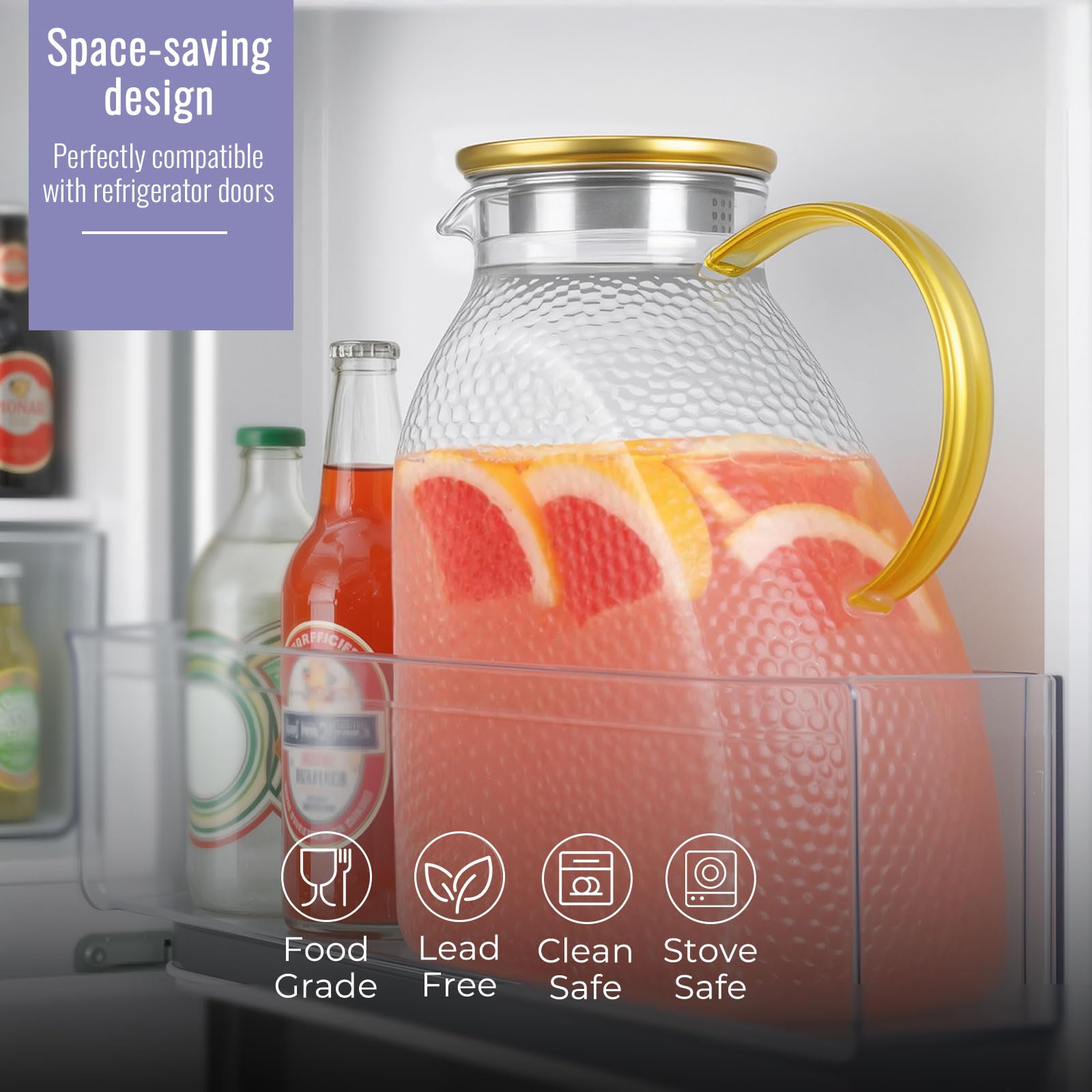 Glass Pitcher With Lid and Spout, 1.8 Liter 60 oz Glass Pitchers With Handle And Lid, Jug Water Pitchers For Fridge, Carafe Jar for Hot/Cold Water Iced Tea Juice Coffee Milk Beverage
