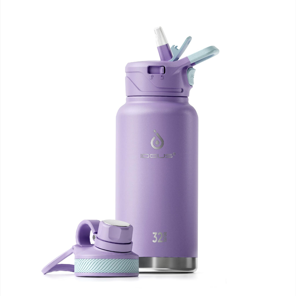 IDEUS Insulated Stainless Steel Water Bottle with 2 Leak-Proof Lids, Thermal Water Flask for Hiking Biking, 32oz, Violet