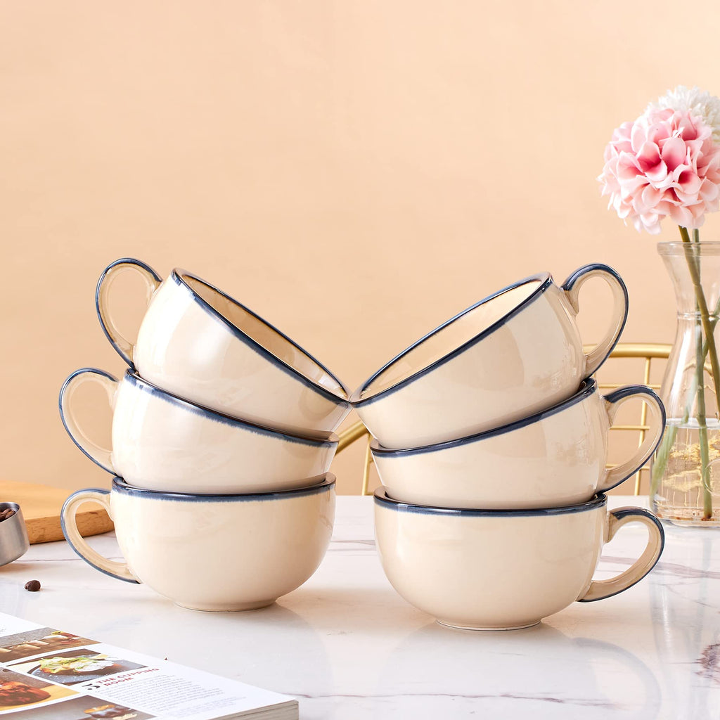 Coffeezone Set of 6 Cups Vintage Design 12 oz Professional Barista Ceramic Latte Art Cappuccino Cups Set (Beige * 6)