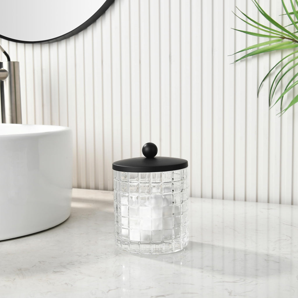 Indecor Home Glass Cotton Jar Holder Matte Black Lid, Elegant Bathroom Storage Canister for Qtips, Cotton Balls, Floss, Makeup Organizer, Vanity Bathroom Organization