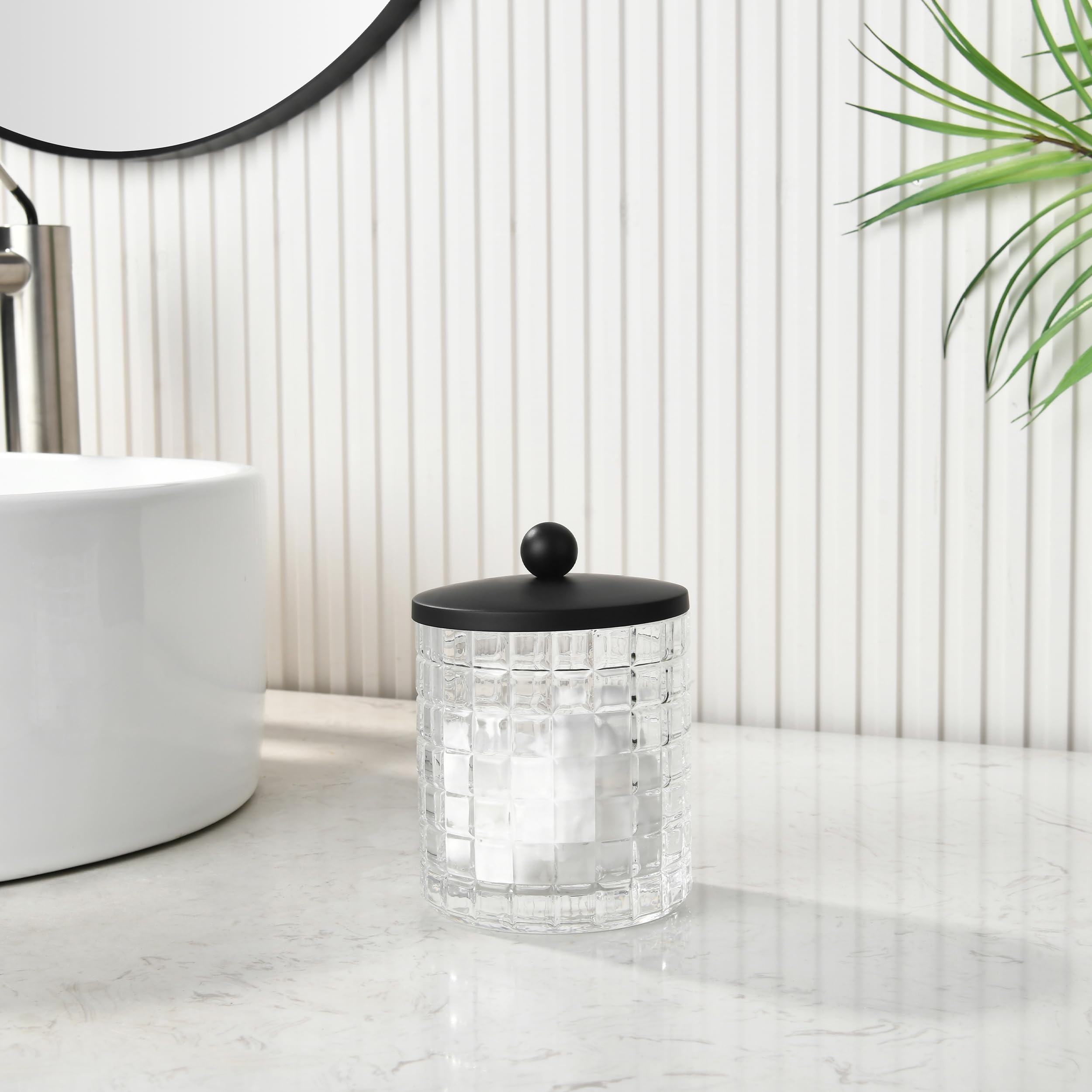 Indecor Home Glass Cotton Jar Holder Matte Black Lid, Elegant Bathroom Storage Canister for Qtips, Cotton Balls, Floss, Makeup Organizer, Vanity Bathroom Organization