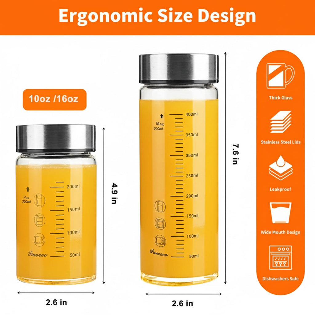 poweco Glass Juice Bottles 4 Pack 10 oz - Wide Mouth Glass Water Bottles with Lids - for Juicing, Protein, Smoothie, Milk, Reusable, BPA Free, Stainless Steel Lids, Blender, Shaker Bottle (300ml)