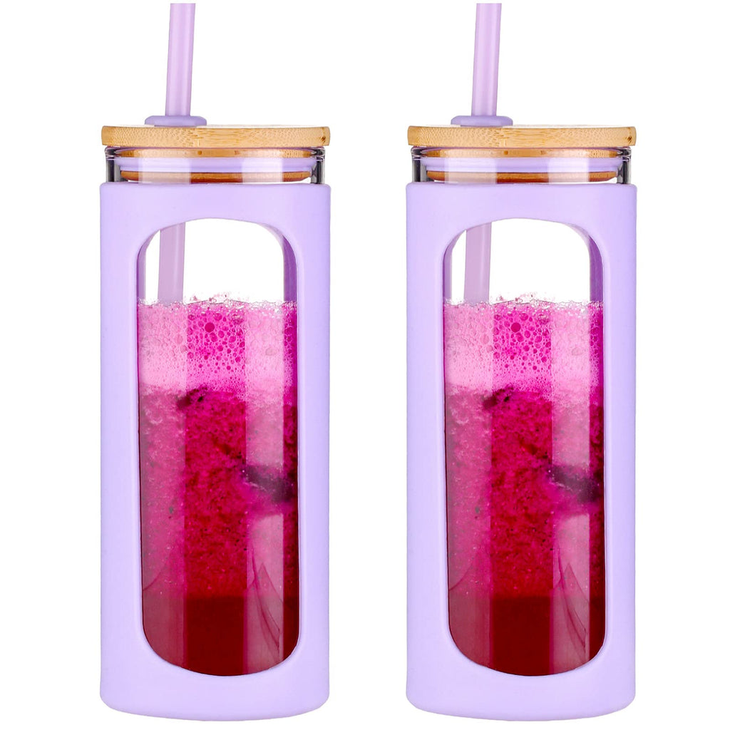 Kodrine 20oz Glass Tumbler with Straw and Lid, Bamboo Lids Water Bottle, Reusable Iced Coffee Cups, Wide Mouth Smoothie Cup with Protective Silicone Sleeve BPA FREE-Purple-2pack