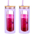 Kodrine 20oz Glass Tumbler with Straw and Lid, Bamboo Lids Water Bottle, Reusable Iced Coffee Cups, Wide Mouth Smoothie Cup with Protective Silicone Sleeve BPA FREE-Purple-2pack