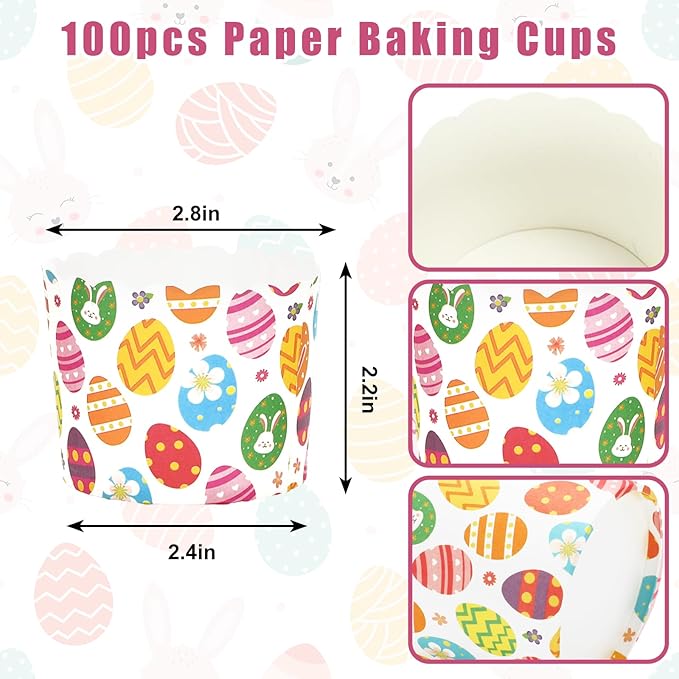 Whaline 100Pcs Multicolor Easter Paper Baking Cups with Easter Egg Bunny Flower Design, Disposable, 9 x 3.5 Inch