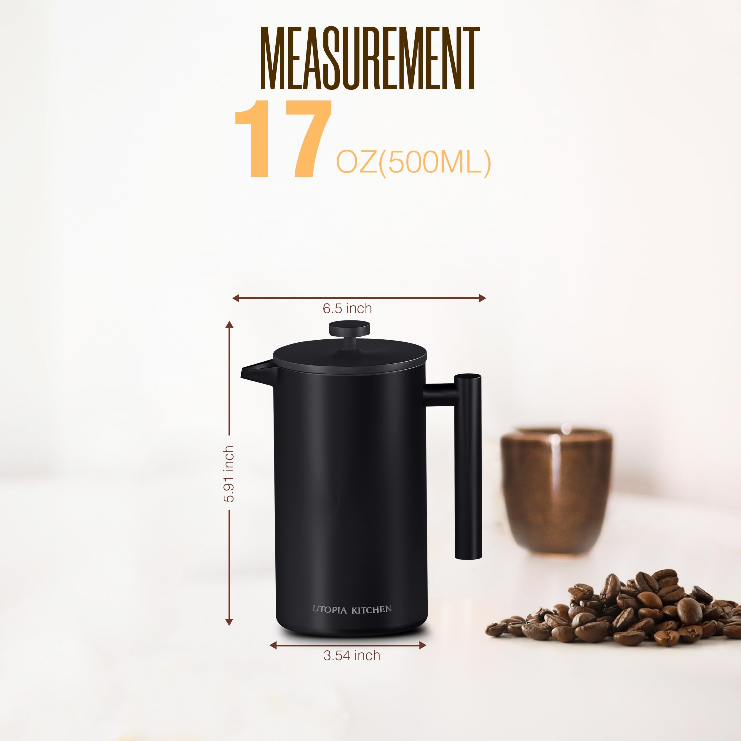 Utopia Kitchen 304 Grade Stainless Steel French Press 17 Oz, Black