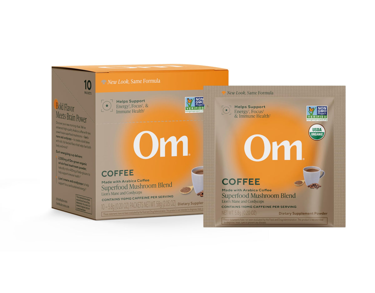 OM MUSHROOM SUPERFOOD Hot Chocolate Blend – Dutch Cocoa Mushroom Powder with Lion’s Mane, Reishi, Chaga & Turkey Tail – Focus, Calm & Stress Support – 2g Sugar, 25 Calories – Single Serve (10 Count)