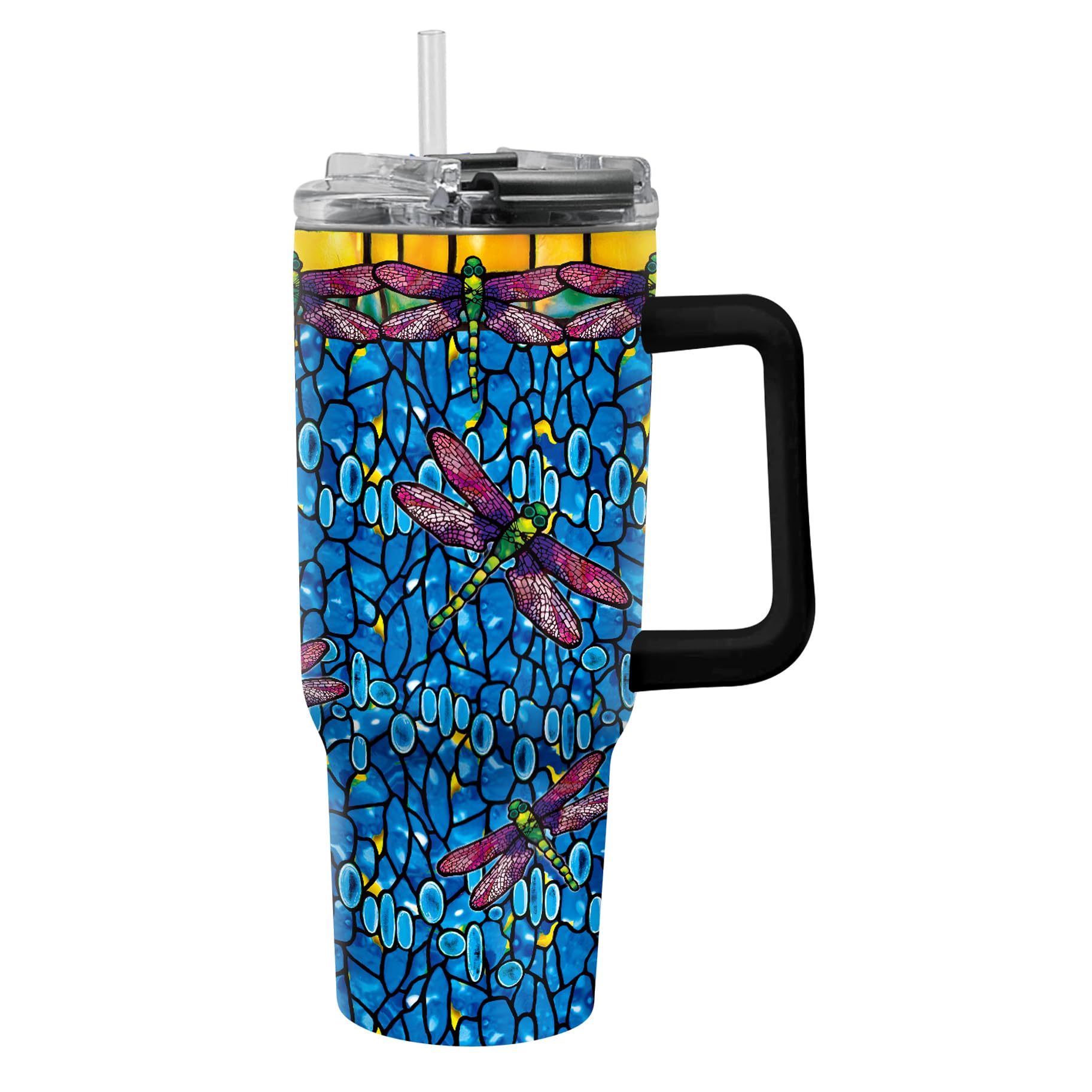 RainCaper 18/8 Stainless Steel Insulated Water Tumbler with Straw | 30oz, BPA-Free, Double Wall for Hot & Cold | Travel-Friendly, Cup Holder Ready (Tiffany Dragonfly - Purple)