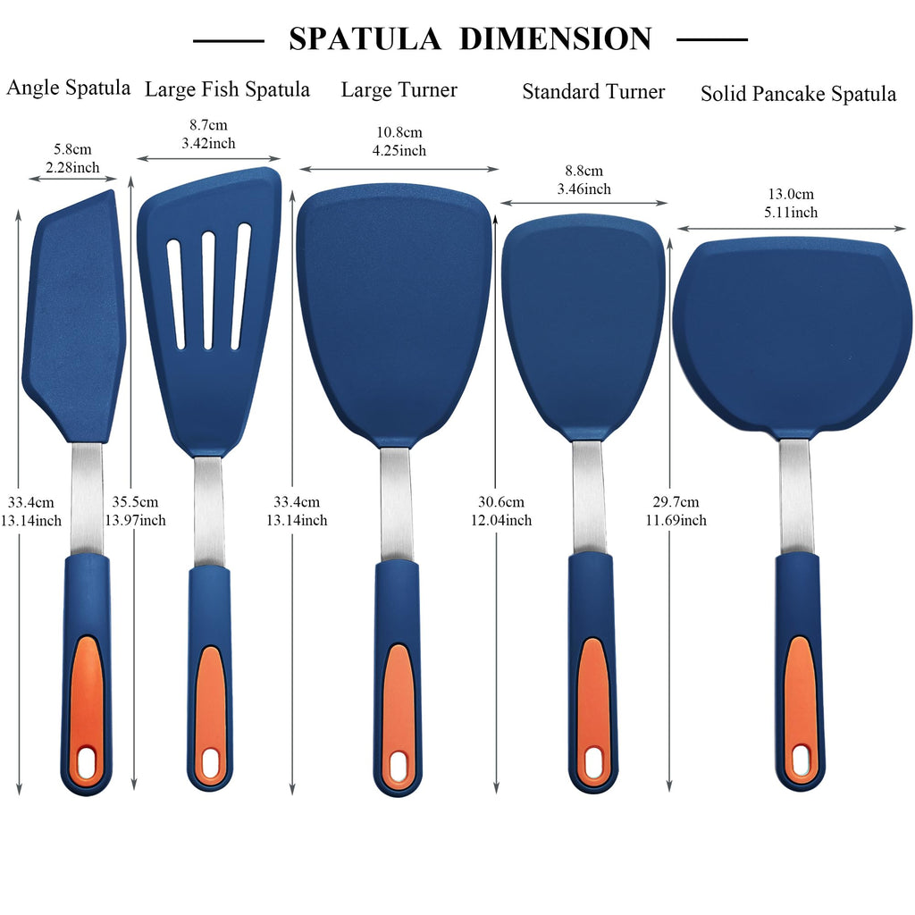 To encounter 5 Pieces Silicone Spatula Set, Non-Stick Silicone Turner Spatulas, Heat Resistance Cooking Utensils, Flip Turner for Fish, Egg, Pancake, Navy Blue